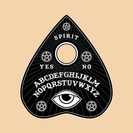 Illustration for Ouija Board in Pointer shape for halloween party. Planchette play for calling souls and demons. Ghosts and demons calling game with gothic typography. Symbols of moon ,sun, texts. - Royalty Free Image