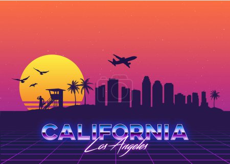 Los Angeles Kalifornien USA Skyline Synthwave Vaporwave Retro Vactor Graphic Palms