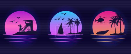 Illustration for Vector Synthwave Graphics. Beaches, yachts and surfing. Miami California Hawaii design. Red Sunsets with sillhouettes | Vector Design for apparel t-shirt - Royalty Free Image