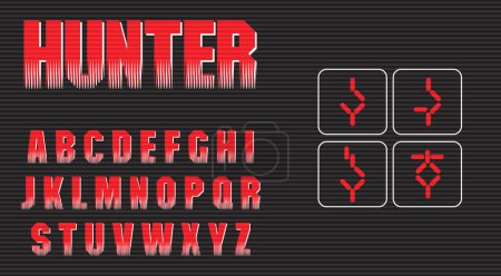 Illustration for Action, Sci-fi alphabet for headlines. Bold, red letters collection. Video games and movies typography vector graphic. Capital letters on black background in VHS style. - Royalty Free Image