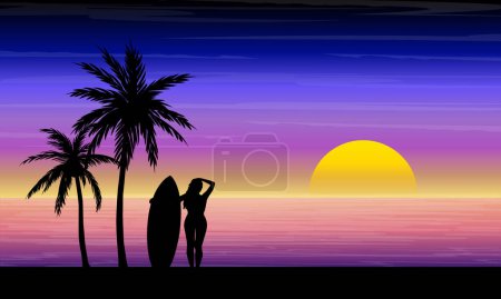 Illustration for Tropical Beach Landscape with surfing girl and palm trees in 80's synthwave retro style. Outrun panoramic design. Sea side, west coast, miami vibes. Vintage view with sunset. - Royalty Free Image