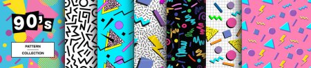 90's Seamless Pattern Collection. Ein Set lebendiger, trendiger Retro-Muster aus dem Jahr 1990. Irre, abstrakte und Vintage-Grafiken für Stoff, Textil, Bekleidung. Vektor-Designs für Verpackungsfolien.