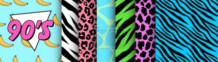 90 's Style Collection von nahtlosen Mustern. Set von Retro-Grafiken für Bekleidung und Textilien, inspiriert von Musik und Fernsehen im Jahr 1990. Modedesigns packen. Grunge, Tiere, wildes Leben, Bananen.