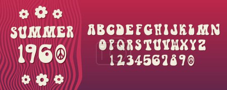 Illustration for 1960 Alphabet. Summer time abc. Hippie typography. Peace and love. Groovy and Distorted Typography. Serif font. Stretching letters and numbers. Retro type for posters. - Royalty Free Image