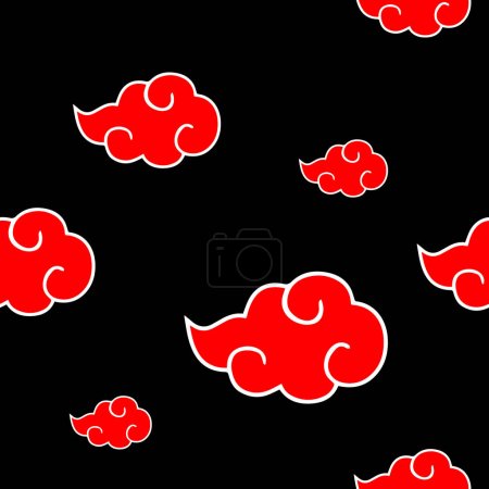 Japanische Wolken Nahtloses Muster, inspiriert von Anime und Manga. Vektorgrafik mit roten Elementen auf schwarzem Hintergrund. Asiatisches Design für Textilien, Bekleidung, Kleidung, Hintergrund.