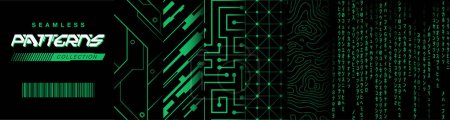 Ilustración de Cyberpunk Seamless Pattern Collection Set, Glitch Effect, Motherboard, Integrated circuit, Contour Map, Decorative Mosaic from Future. Materials for apparel, clothes, textiles. - Imagen libre de derechos