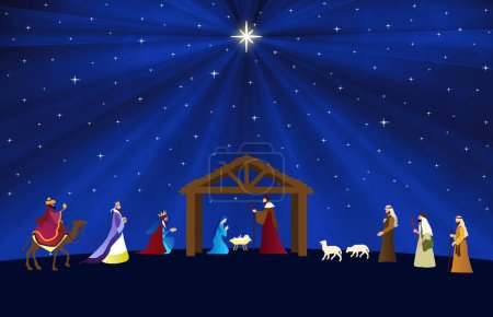 Photo for Christmas Nativity Scene. The adoration of Three Wise Men and shepherds. Wallpaper and greeting card banner background. - Royalty Free Image