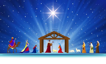 Belén de Navidad. La adoración de los Reyes Magos y los pastores. Fondo de pantalla y tarjeta de felicitación banner fondo.