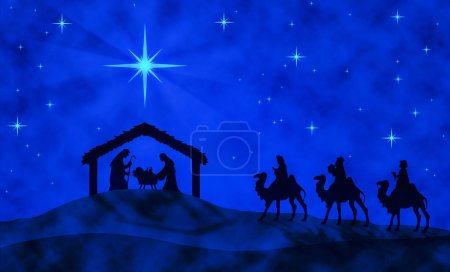 Belén azul de Navidad: Tres Reyes Magos van al pesebre en el desierto.