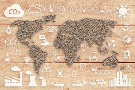 Photo for Ecology concept: sustainable World. A wood pellets textured World map above a brown wood planks panel, with several white ecology icons superimposed on background. - Royalty Free Image