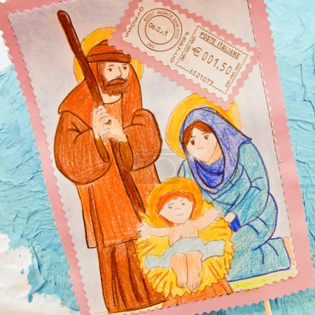 Téléchargez les photos : Jésus Christ enfants scène sur timbre - en image libre de droit