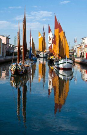 Daytime view of boats and buildings at Cesenatico, Italy 
