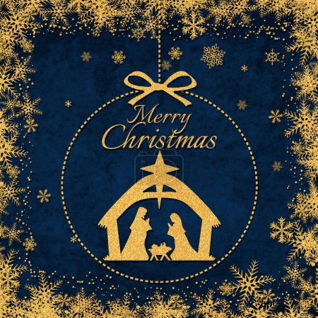 Téléchargez les photos : Carte de Noël. Scène de la Nativité dans une boule sur fond bleu - en image libre de droit