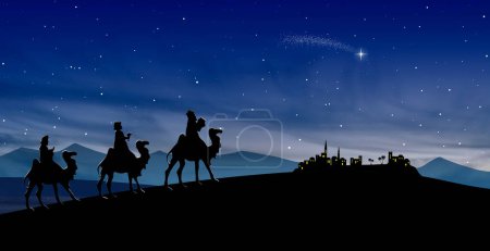 Téléchargez les photos : Scène de la Nativité de Noël - Trois sages se rendent à Bethléem dans le désert la nuit - en image libre de droit