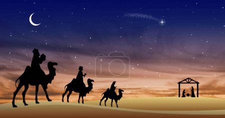Photo for Christmas Nativity Scene - Three Wise Mens go to the stable in the desert at night - Royalty Free Image
