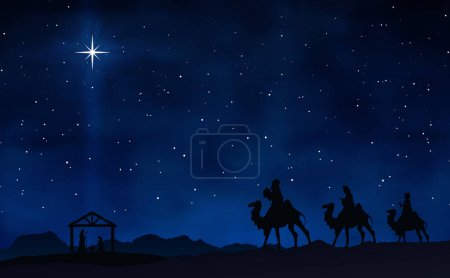 Téléchargez les photos : Scène de la Nativité de Noël - Trois Sages hommes vont à l'écurie dans le désert la nuit - en image libre de droit
