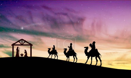 Téléchargez les photos : Scène de la Nativité de Noël - Trois sages hommes vont à l'écurie dans le désert - en image libre de droit