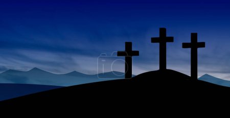 Téléchargez les photos : Illustration de Pâques avec trois croix sur colline et ciel bleu le soir. - en image libre de droit