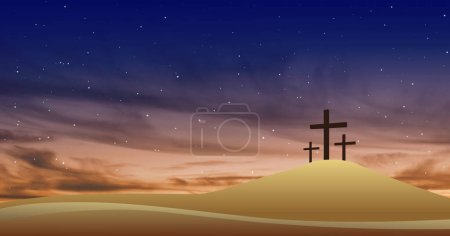 Téléchargez les photos : Illustration de Pâques avec trois croix sur une dune de sable et ciel bleu au crépuscule. - en image libre de droit