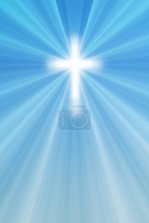 Easter illustration with a shining cross on blue sky with lightbeam.