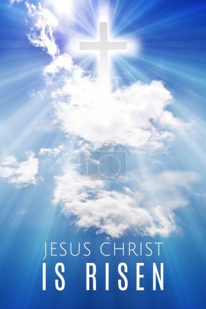 Photo for Easter background with a shining cross on blue sky with white clouds and lightbeam. - Royalty Free Image