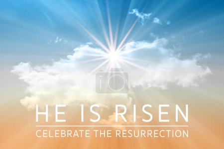 Photo for Easter background with the text 'He is Risen', a shining star and sky with white clouds. - Royalty Free Image