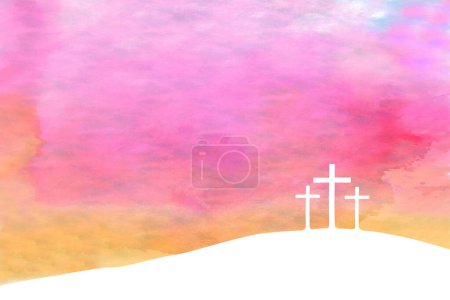 Foto de Ilustración de Pascua con tres cruces blancas en la colina y cielo colorido en el estilo de pintura de acuarela. - Imagen libre de derechos