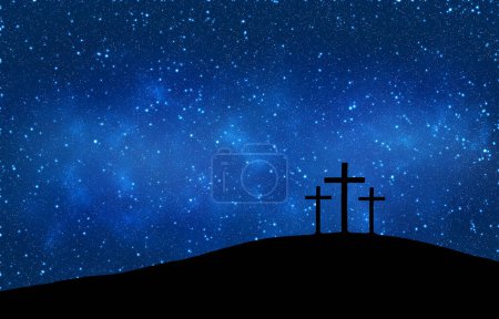 Easter illustration with three crosses on hill and blue starry sky at night.