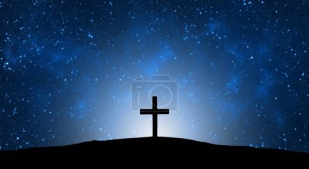 Easter illustration with a cross on hill and blue starry sky at night.