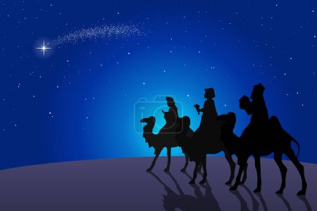 Scène de Noël bleu. Trois sages voyagent dans le désert la nuit. Fond de carte de voeux.