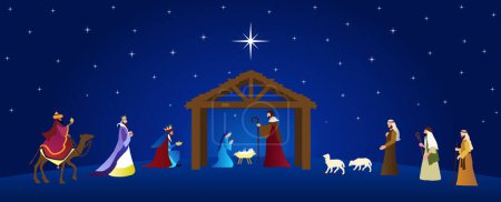 Christmas Nativity Scene. The adoration of Three Wise Men and shepherds. Greeting card banner background.