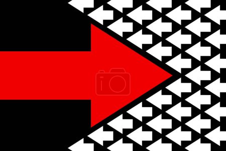 Ilustración de Siguiendo tu propio concepto. Flecha roja en la dirección opuesta entre blanco sobre fondo negro. - Imagen libre de derechos