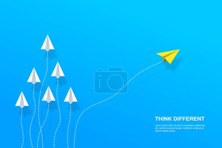 Think differently concept. Yellow airplane changing direction. New idea, change, trend, courage, creative solution, innovation and unique way concept. 