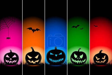 Illustration for Composition of black silhouettes of Jack-o-lantern pumpkins with flying bats on grass against a multicolored background. Halloween party invitation, greeting card or wallpaper. - Royalty Free Image