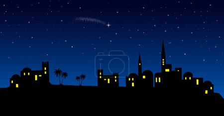 Christmas nativity scene: Bethlehem city skyline in the desert at night.
