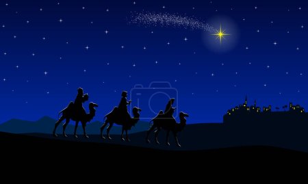 Illustration for Blue Christmas nativity scene: Three Wise Men travel to Bethlehem in the desert at night. - Royalty Free Image