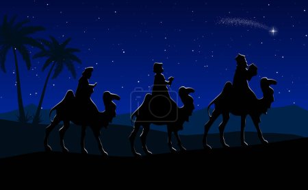 Téléchargez les illustrations : La crèche bleue de Noël : trois sages voyagent dans le désert la nuit. - en licence libre de droit