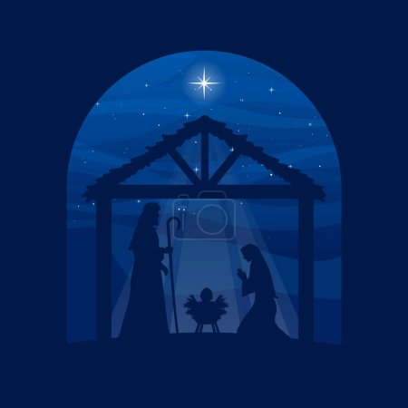 Ilustración de Belén de Navidad: La Sagrada Familia en el establo. - Imagen libre de derechos