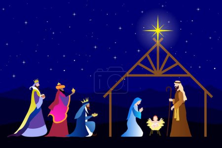 Ilustración de Navidad Belén: La Adoración de Tres Reyes Magos. - Imagen libre de derechos