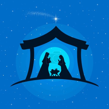 Illustration for Christmas Nativity Scene: The Holy Family in the stable. - Royalty Free Image
