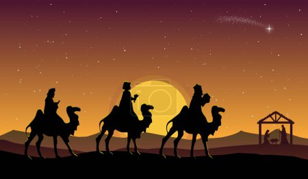Ilustración de Belén de Navidad: Tres Reyes Magos van a Belén en el desierto por la noche. - Imagen libre de derechos
