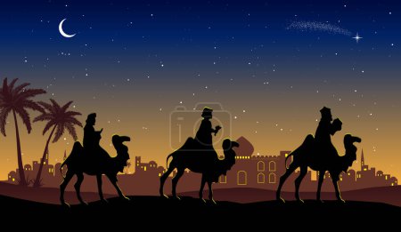 Ilustración de Belén de Navidad: Tres Reyes Magos van a Belén en el desierto por la noche. - Imagen libre de derechos