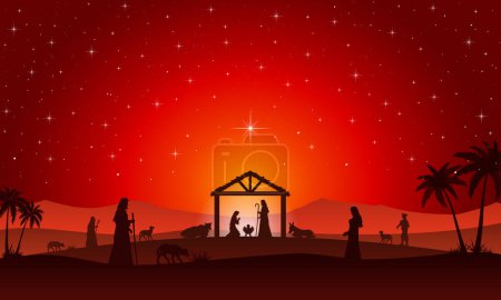 Ilustración de Navidad Belén en el desierto por la noche - Imagen libre de derechos