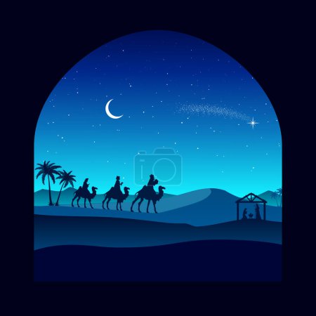 Ilustración de Belén de Navidad - Tres Reyes Magos van al establo en el desierto - Imagen libre de derechos