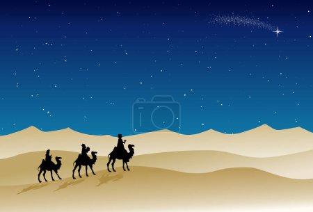 Téléchargez les illustrations : Scène de la Nativité de Noël - Trois sages voyagent dans le désert - en licence libre de droit
