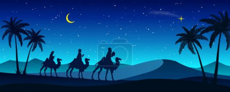 Téléchargez les illustrations : Scène de la Nativité de Noël - Trois sages voyagent dans le désert - en licence libre de droit
