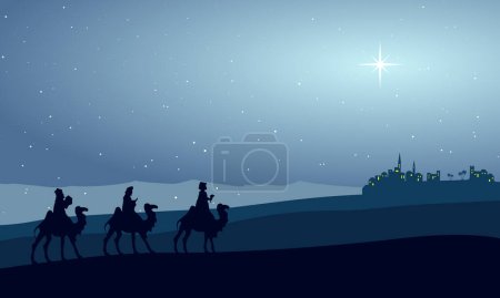 Téléchargez les illustrations : Scène de la Nativité de Noël - Trois sages se rendent à Bethléem dans le désert la nuit - en licence libre de droit