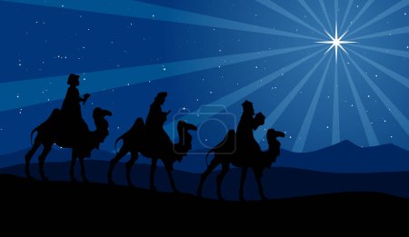 Ilustración de Belén de Navidad - Tres Reyes Magos en el desierto por la noche - Imagen libre de derechos