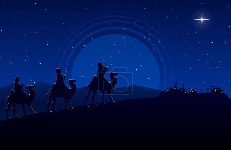 Illustration for Christmas Nativity Scene - Three Wise Men go to Bethlehem in the desert at night - Royalty Free Image