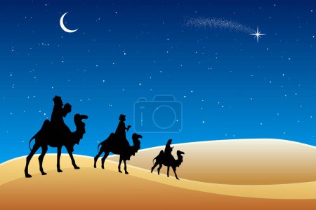 Téléchargez les illustrations : Scène de la Nativité de Noël - Trois Sages dans le désert la nuit - en licence libre de droit